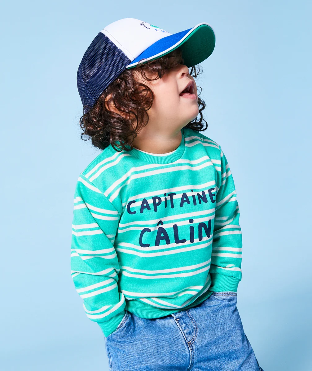 SWEAT BÉBÉ GARÇON EN FIBRES RECYCLÉES IMPRIMÉ RAYURES THÈME CAPITAINE CÂLIN