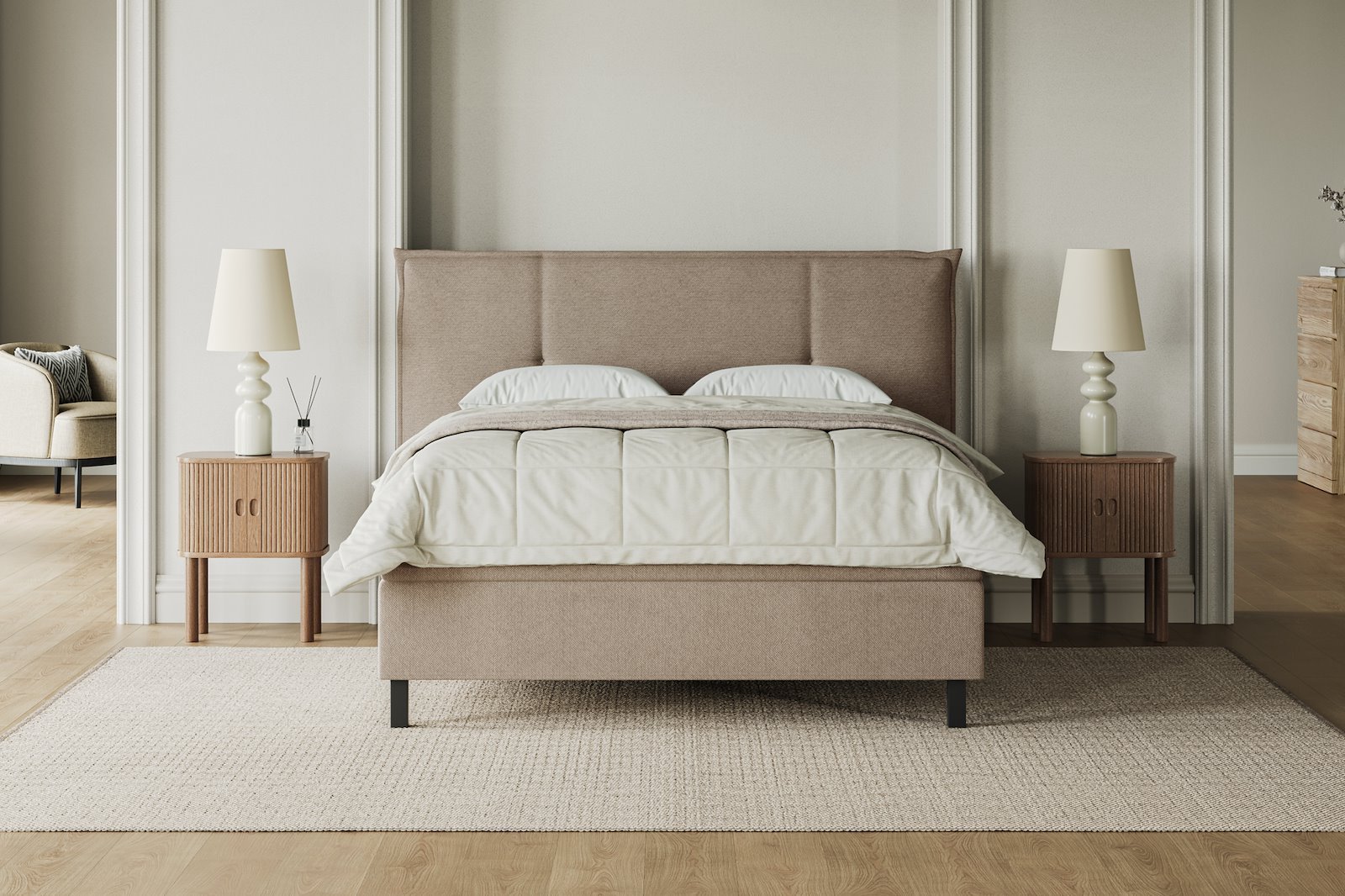 XOV Premium 15 Kontinentalseng 210x210 cm i tekstil storm 06 lys beige, medium/fast med Premium 15 overmadrass og sort firkantede ben, gavl selges separate