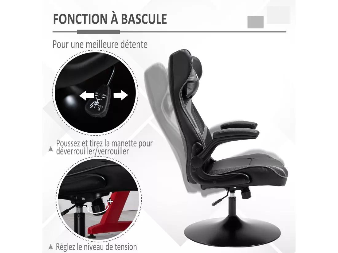 Fauteuil gaming base ronde métal pivotante 360° hauteur réglable tétière accoudoirs relevables PVC gris noir