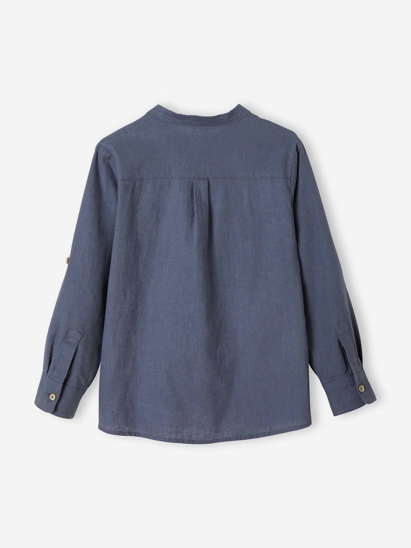 Camisa infantil de linho/algodão com gola mandarim, mangas compridas, cor azul-marinho lisa.