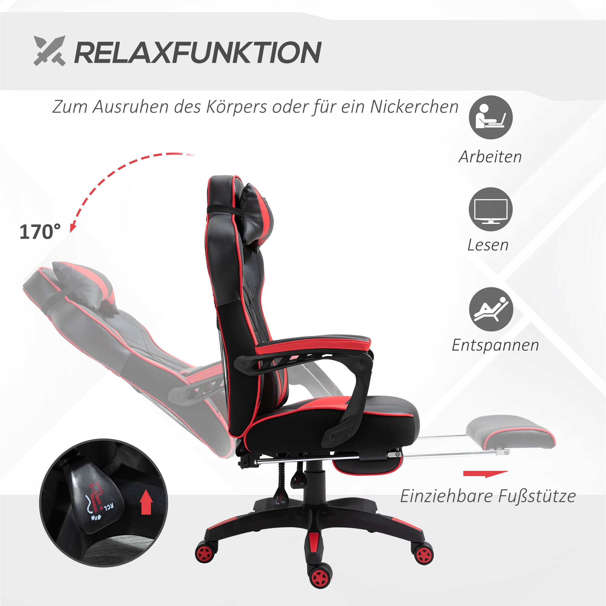 Vinsetto Gamingstuhl mit Liegefunktion 65 x 70 x 118,5-126,5 cm (BxTxH)