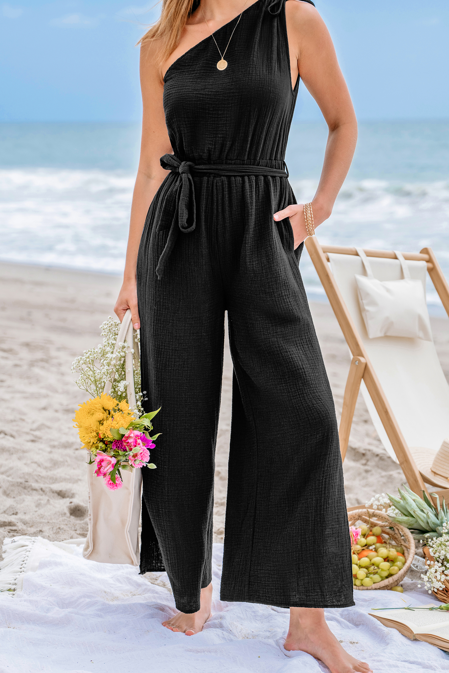 Combinaison en pur coton à une épaule et jambe large noire
