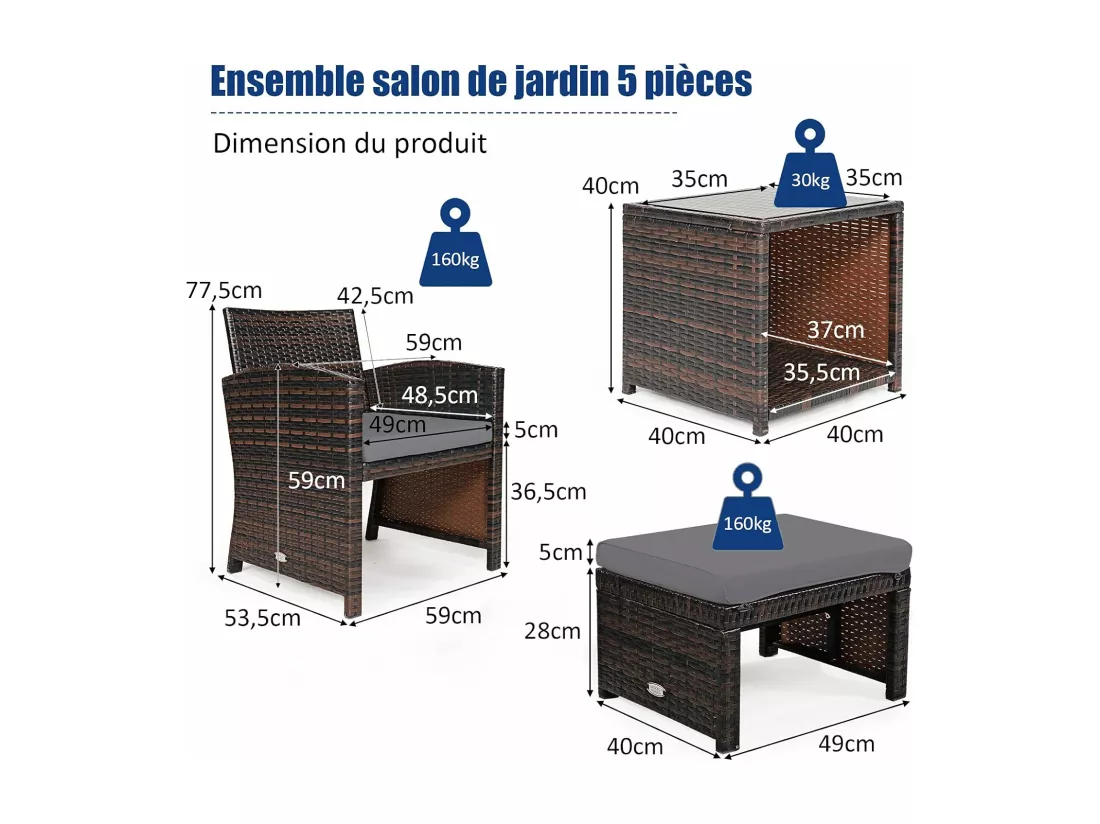 Ensemble Meuble de Salon 5PCS avec Coussins, Salon de Jardin en Rotin et fibre naturelle PE pour Véranda, Patio, Balcon, Piscine, Terrasse, Marron