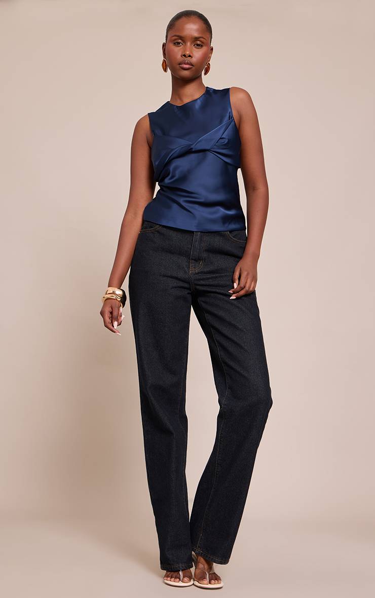 Bleu Marine Haut Long En Satin À Détail Torsadé Superposé