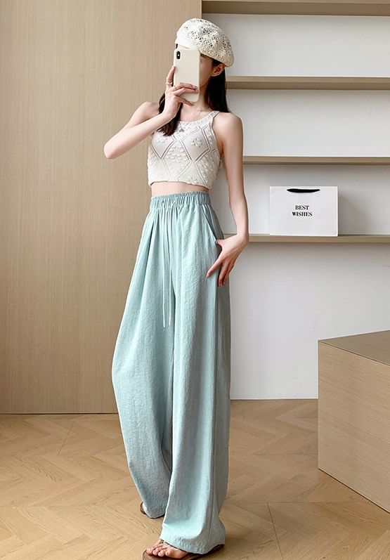 evanesce - High Rise Plain Drawstring Wide Leg Sweatpants