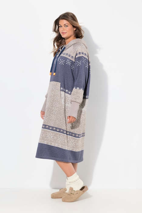 Norweger-Strickfleecekleid, Kapuze, oversize