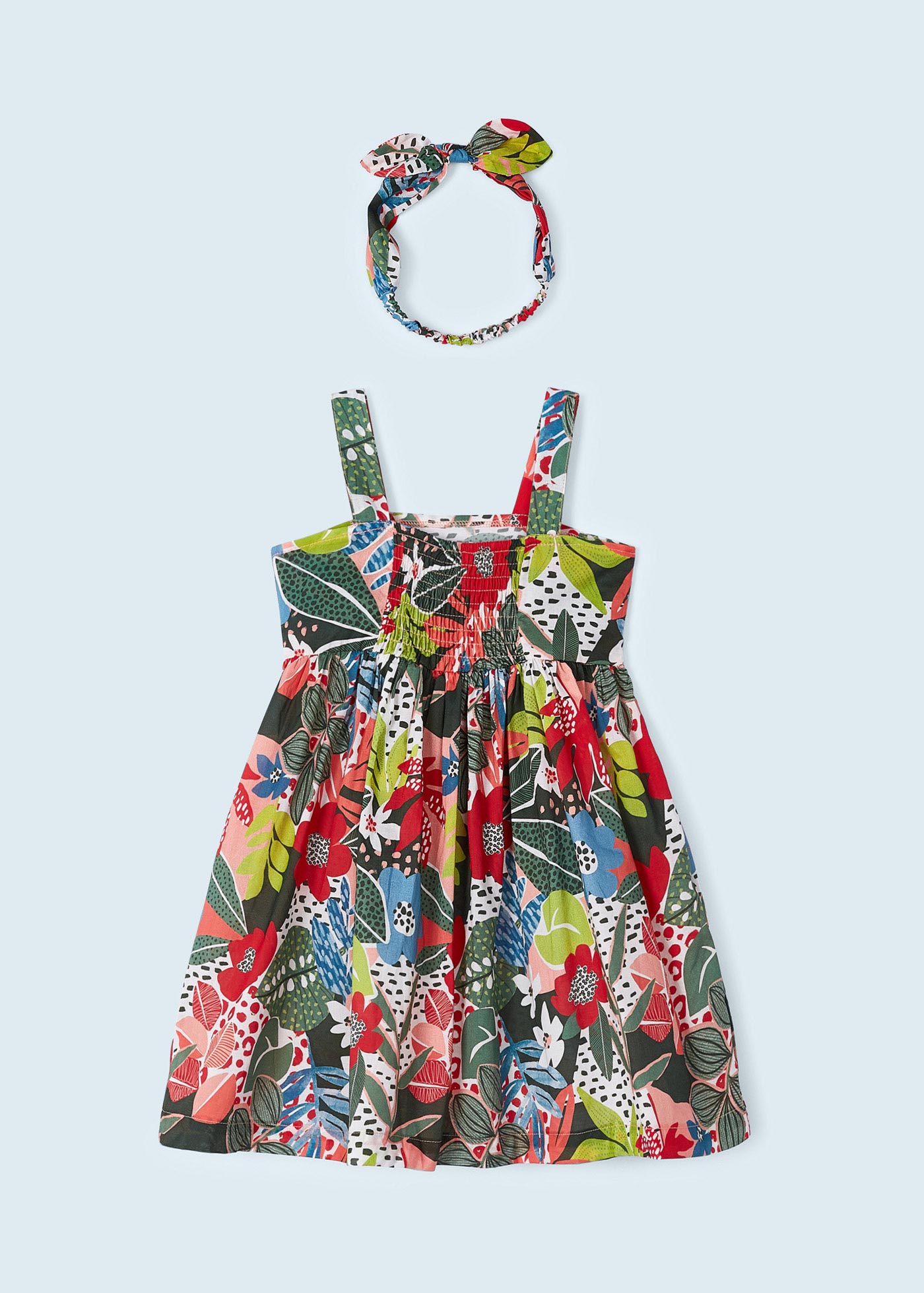 Vestido estampado com faixa de cabelo elástica de algodão para meninas
