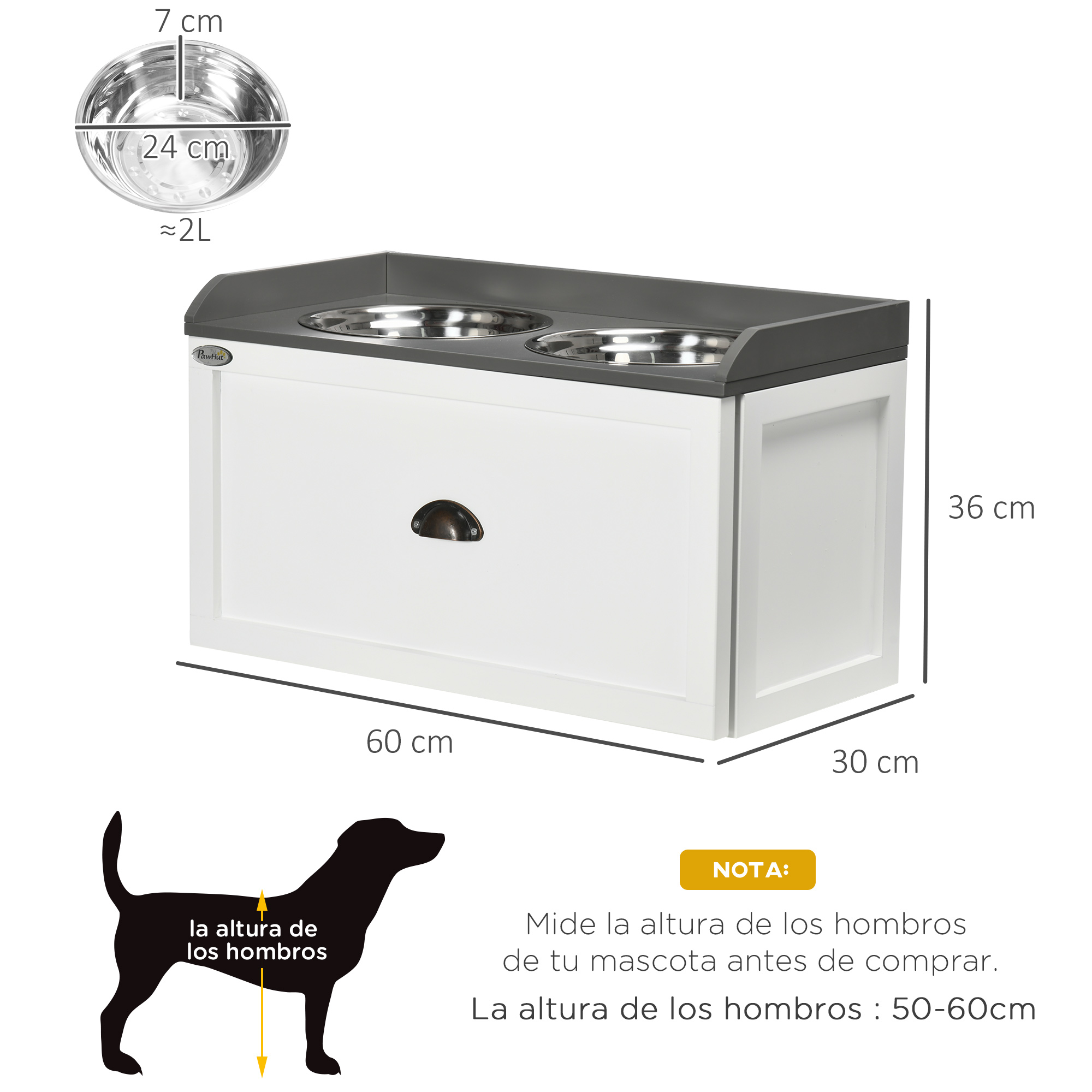 Comedouro elevado PawHut para cães grandes, com 2 tigelas de aço inoxidável de 2000ml e gaveta oculta, suporte de madeira para animais de estimação 60x30x36 cm branco.