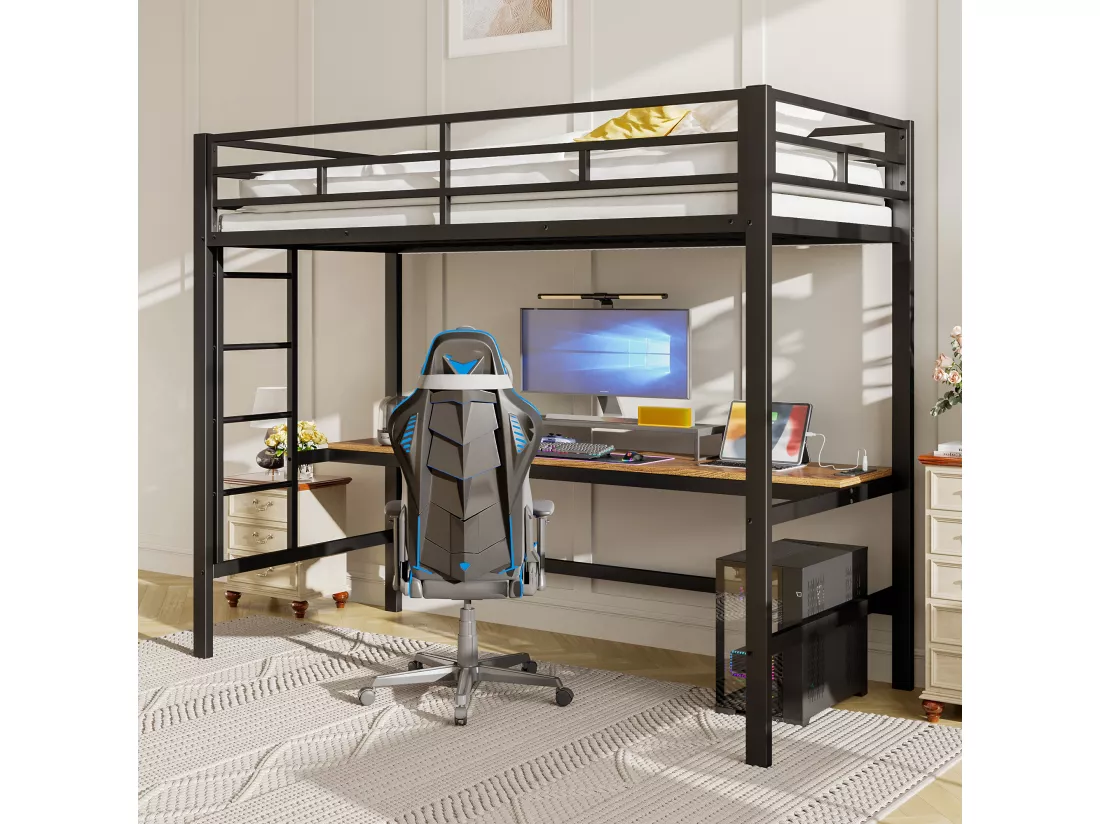 Lit mezzanine garde-corps et escabeau - 90 x 200 cm - avec USB et table - LED - sans matelas - métal - white