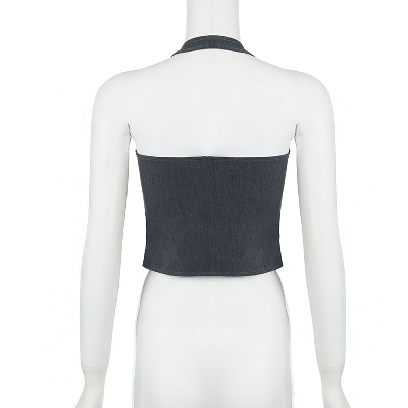 BrickBlack - Halternek, effen strikaccent, open rug en split crop top