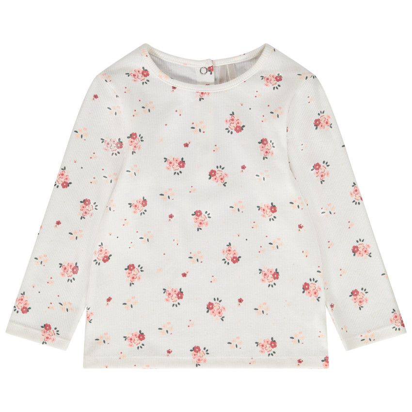 T-shirt manches longues côtelé imprimé floral pour bébé fille - Ecru