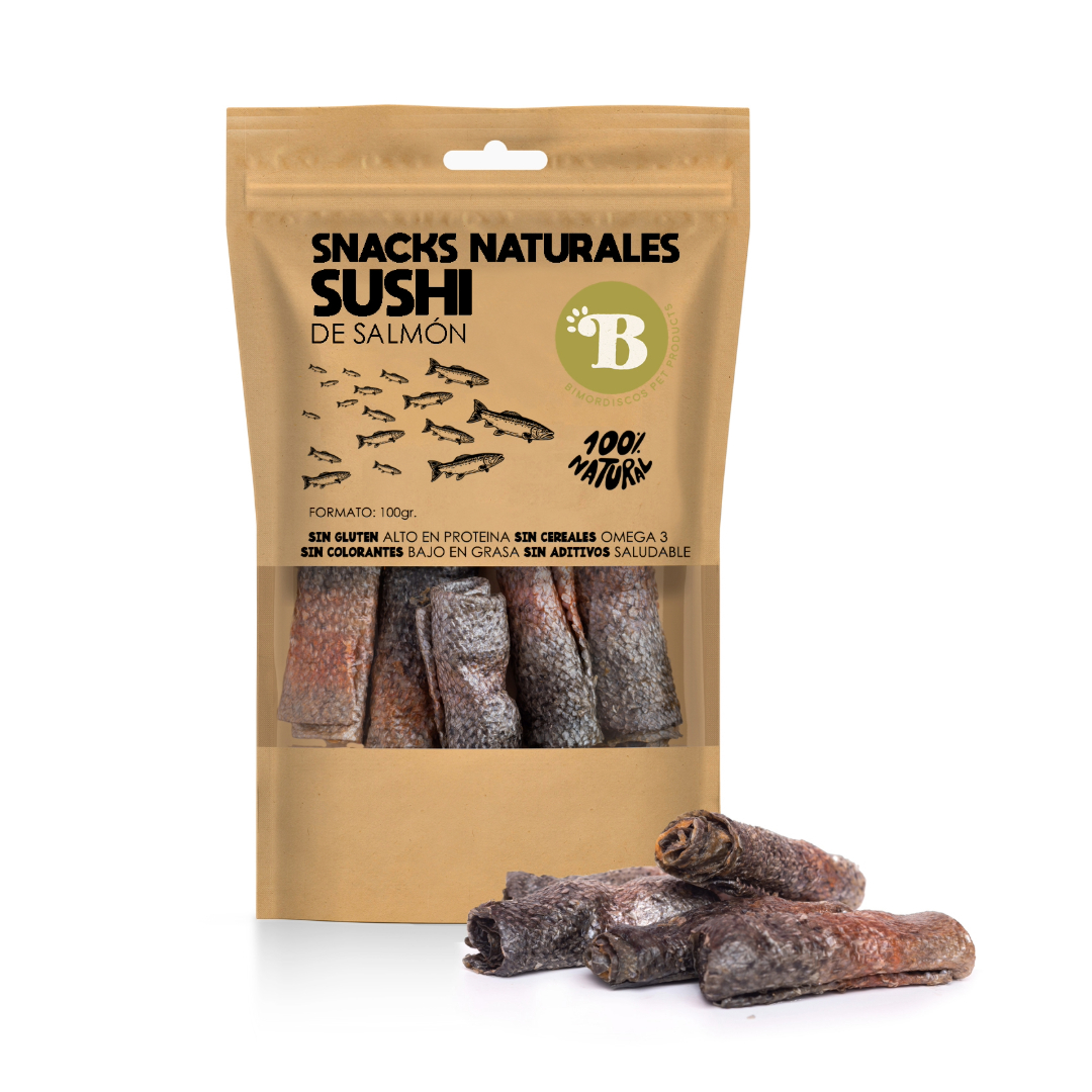 BIMORDISCOS Petisco de Sushi de Salmão para Cães e Gatos - 100g