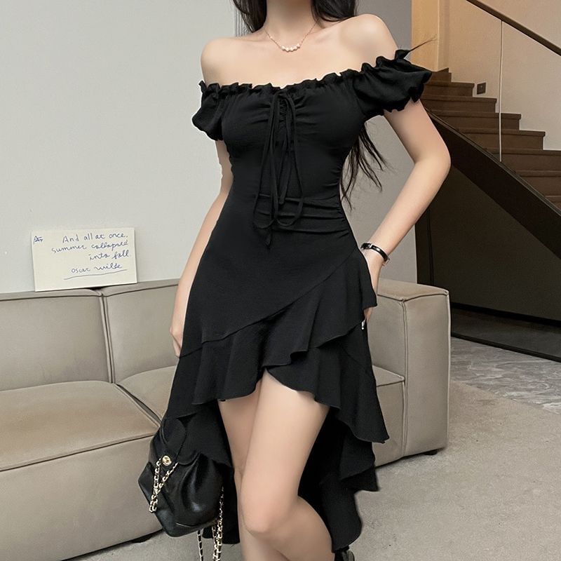 Rustie - A-lijn jurk met korte mouwen en off-shoulder, effen ruches