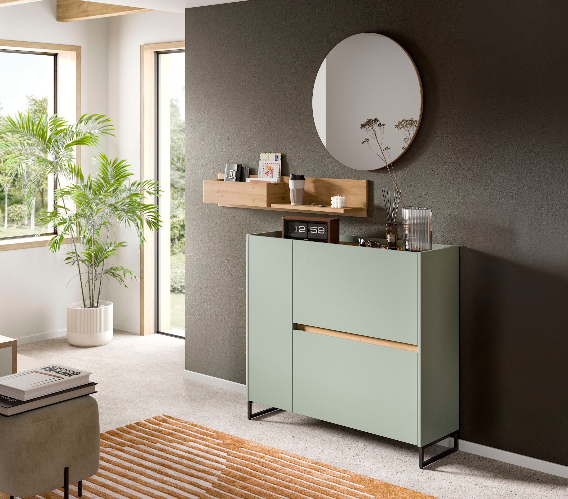 INOSIGN Schuhschrank »EVRID, Breite 110cm, 1 Tür, 2 Schuhwalzen, inkl. Metall-Kufenfüsse« individuell mit anderen Artikel der Serie EVRID erweiterbar, 1 Stk. tlg. Schuhkommode, Kommode, Sideboard, Garderobenschrank, Flurkommode