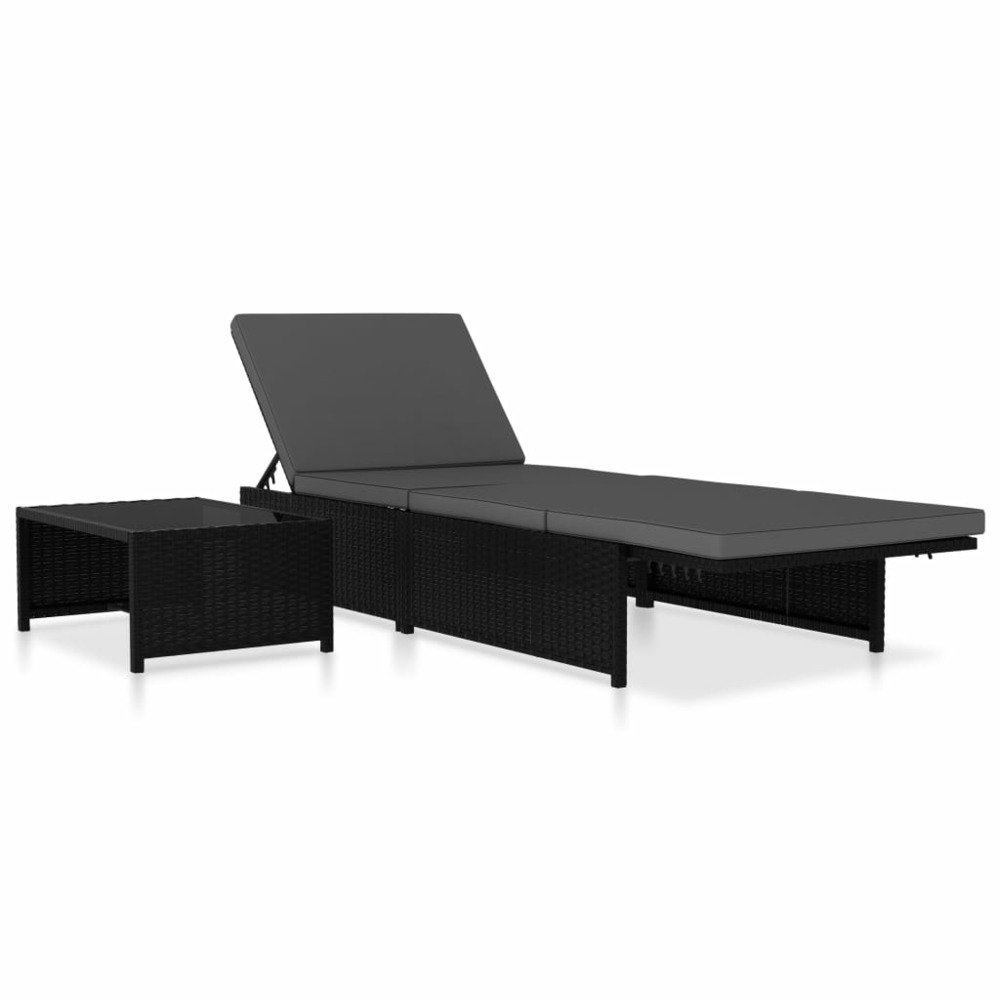 Lot de 2 transats chaise longue bain de soleil lit de jardin terrasse meuble d'extérieur avec table résine tressée noir 02_0