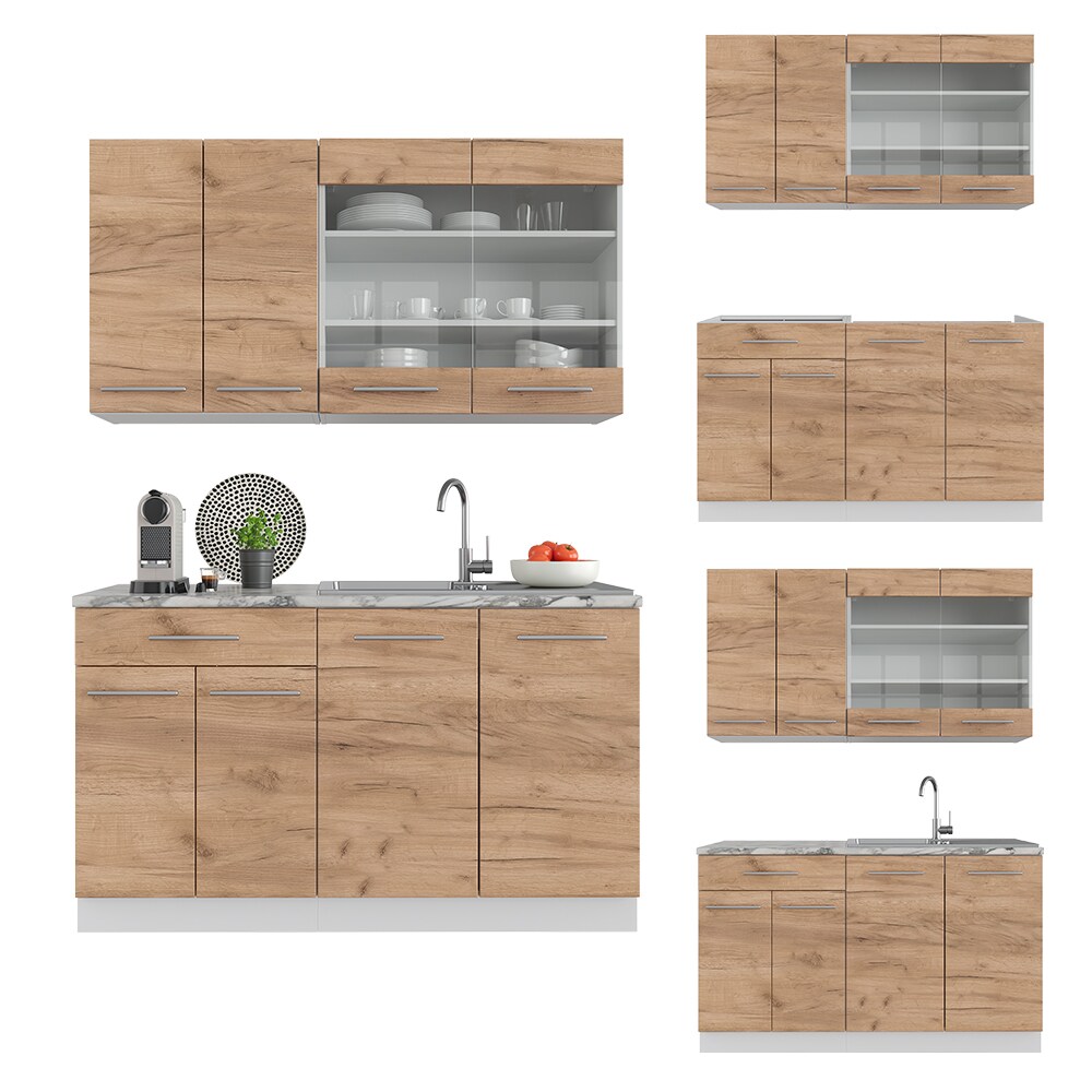 Vicco Küchenzeile Küchenblock Einbauküche Fame-Line Single Weiß Eiche 140 cm modern Küchen Schränke Spülenunterschrank Schubunterschrank Hängeschrank Hängeglasschrank