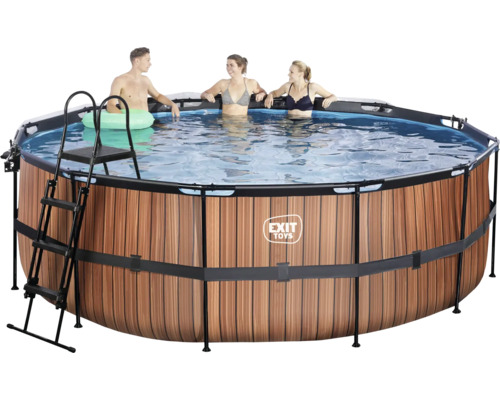 EXIT WoodPool ronde opzetzwembadset Ø 427x122 cm inclusief zandfiltersysteem, afdekking & ladder, houtlook