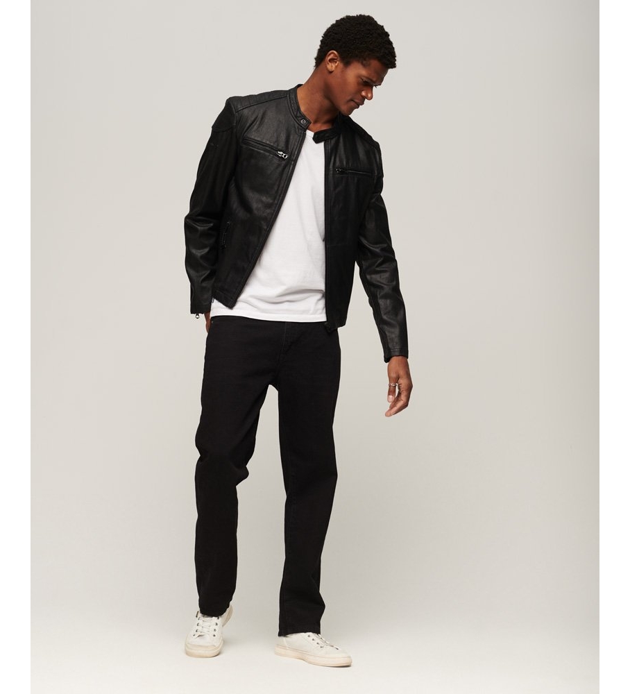 Jaqueta jeans estilo motociclista Superdry preta com forro e logo