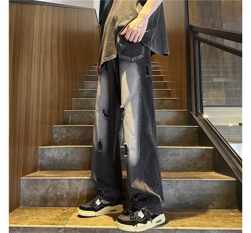 Bay Go Mall - Low Rise Washed Distressed Straight Leg Jeans