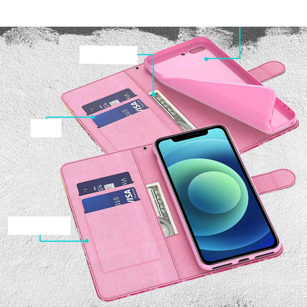 iPhone 14 Leder Tasche mit Kartenfach   Handschlaufe - Schmetterling (Blau)