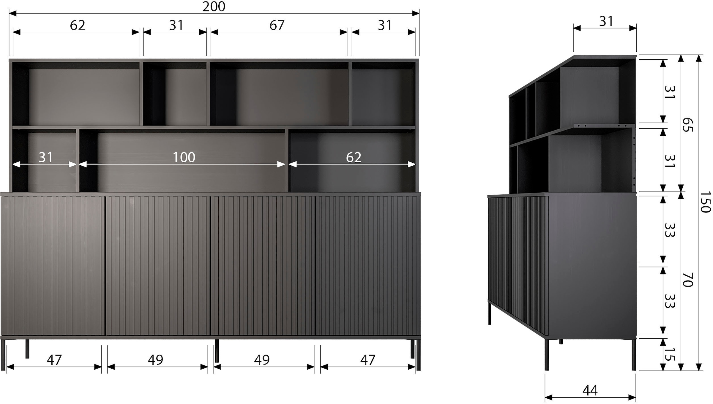 WOOOD Buffet »Gravu« viel Stauraum, Push-to-Open Funktion, H 150 cm x B 200 cm