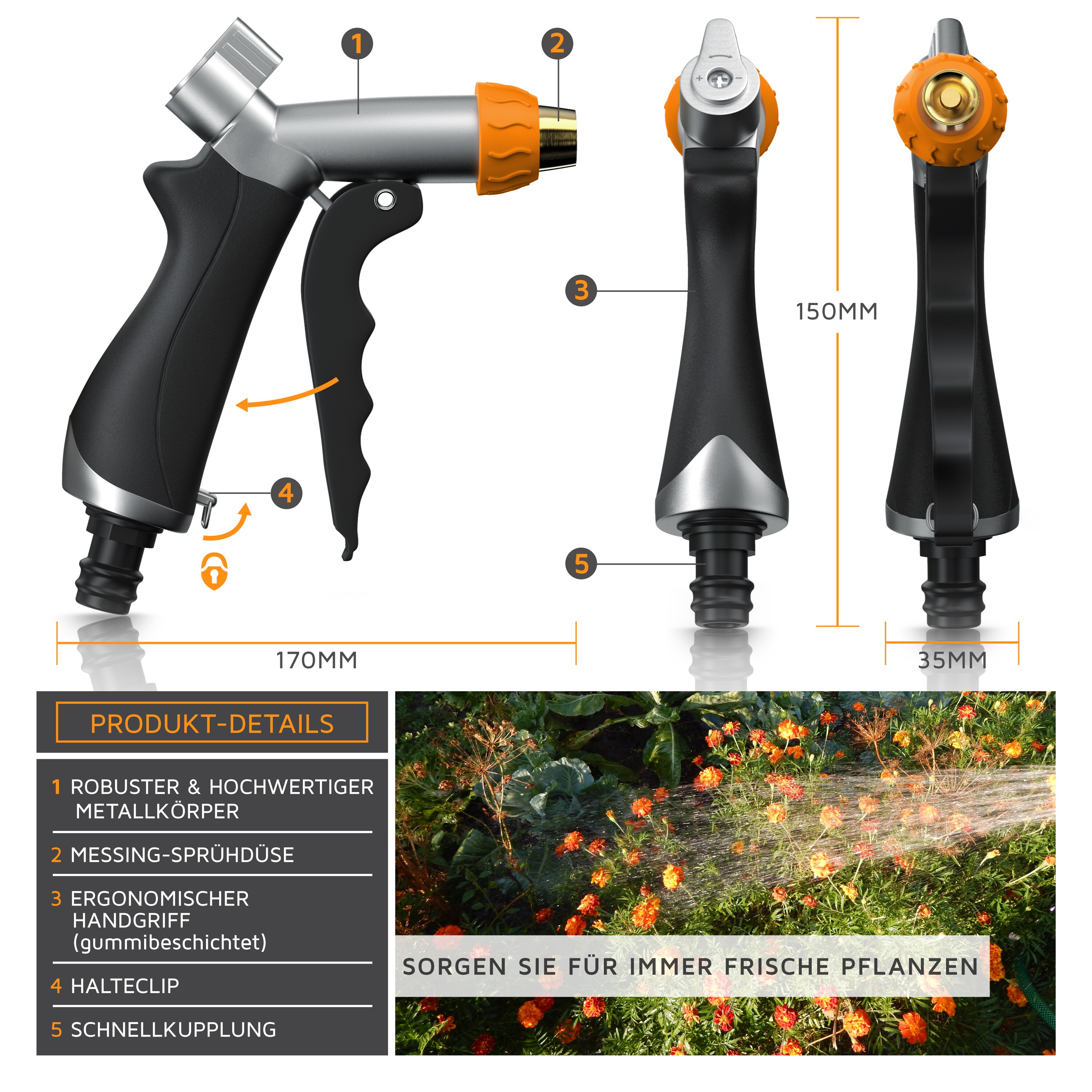 Brandson Garten Handbrause Metall Messing - Gartenbrause - 1/2 Zoll für Gartenschlauch - Pistolengriff mit Halteclip - 170 psi Wasserdruck