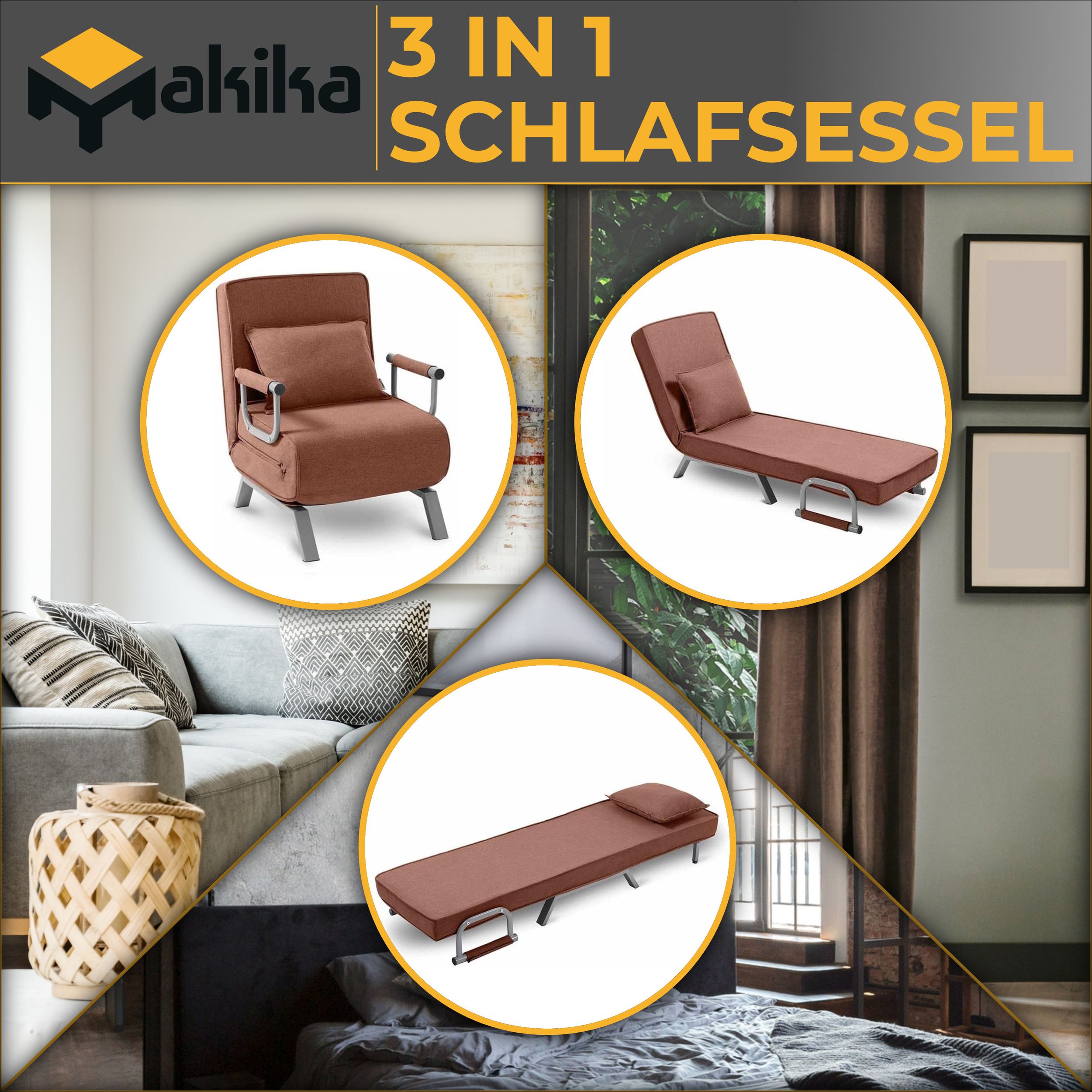 Makika Schlafsessel Schlafsofa Ted klappbar in Braun
