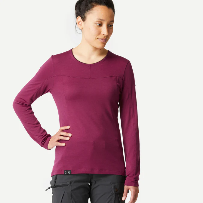 Decathlon Forclaz - Camiseta feminina de manga comprida Forclaz MT500 em lã merino - BORDÔ