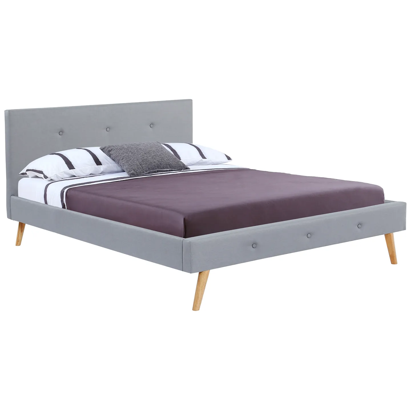 Lit double scandinave OSLO avec tête de lit et sommier 140 x 190 cm tissu gris clair