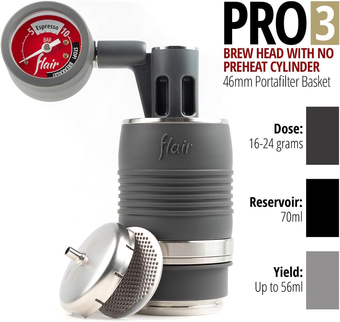 Flair Pro 3 (schwarz) – alle Espressomaschinen mit manuellem Hebel und einem Edelstahl-Brühkopf, Manometer und einem Schnapsspiegel