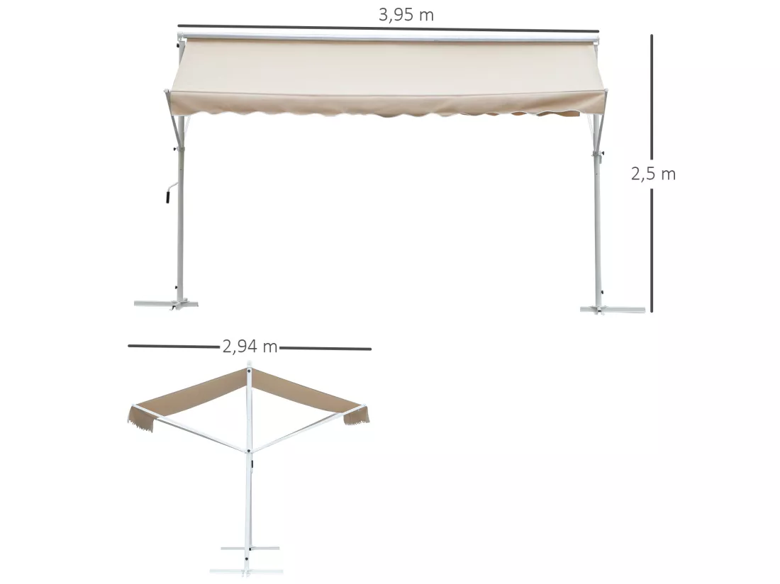 Store double pente manuel rétractable inclinaison réglable acier époxy blanc polyester imperméabilisé anti-UV beige dim. 4,50L x 3,40l x 2,55H m