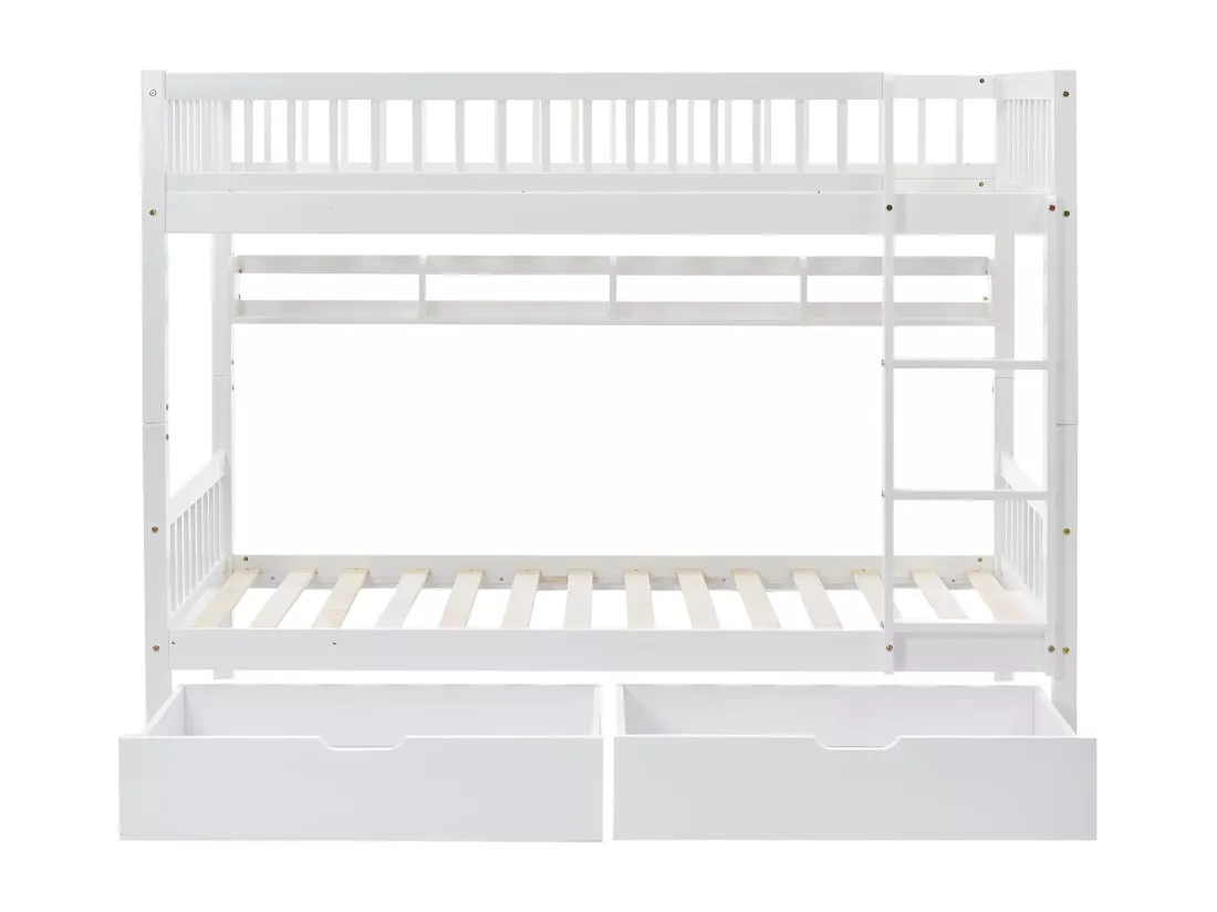 Lits superposés amovible 2 x 90 x 200 cm en bois MDF et pin - 2 tiroirs et étagère de rangement - Blanc