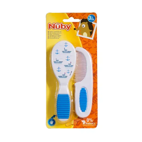 Conjunto de pente e escova Nuby com estampa de barco azul