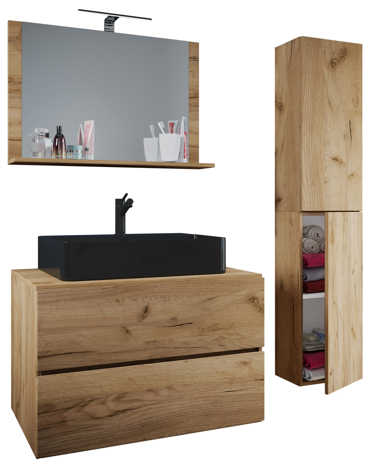 4-teiliges Badmöbel-Set LENDAS BL L - Honig-Eiche - mit Hochschrank - 114 cm