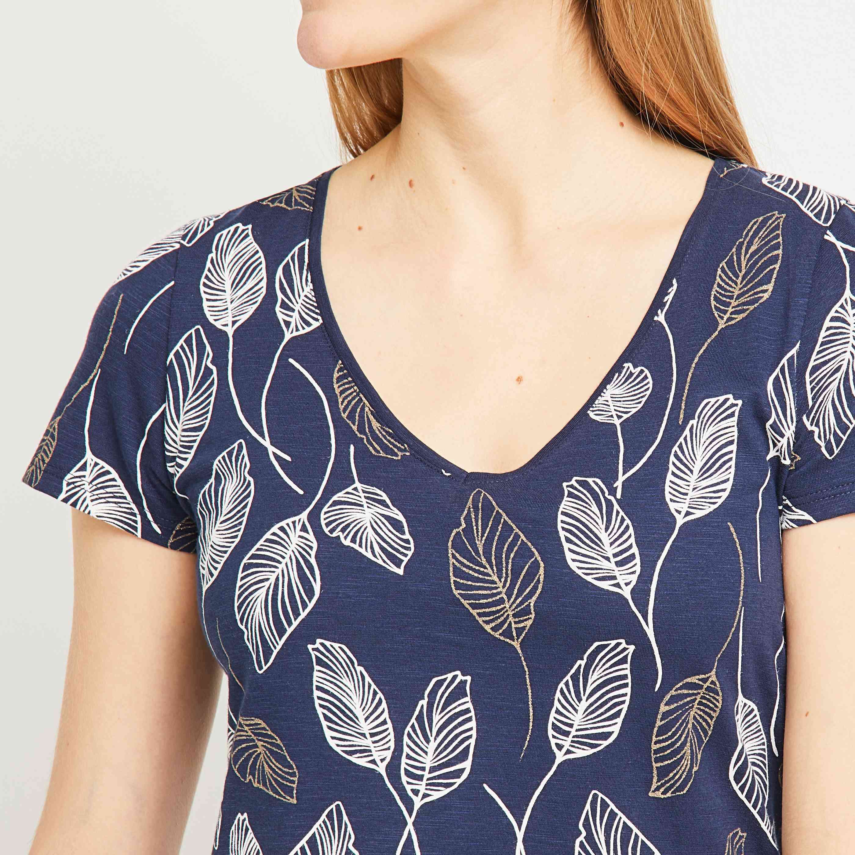 T-shirt imprimé col V femme - MARINE