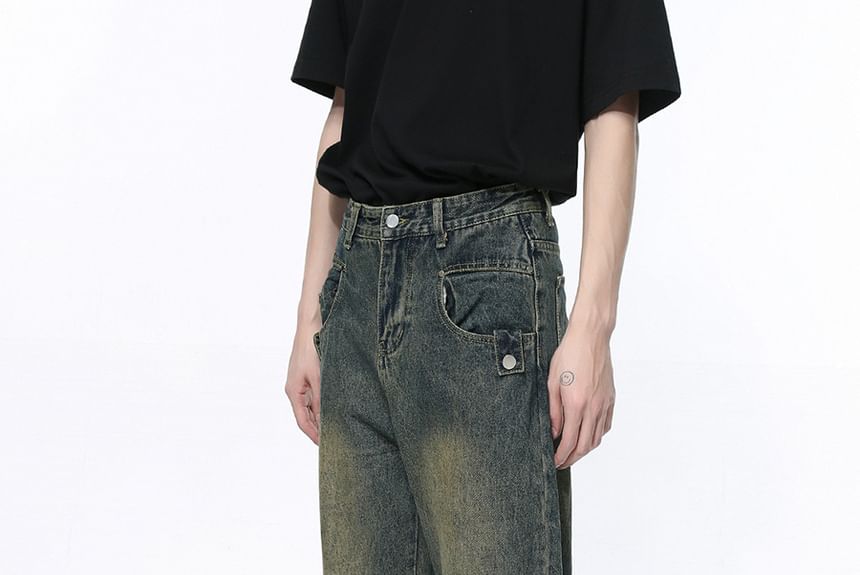 FAERIS - Mid Rise Washed Zip Slit Loose Fit Jeans