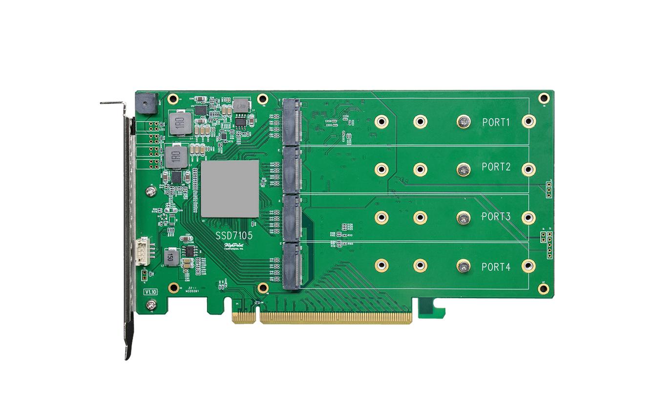 RAID-Controller SSD7105 PCI-Ex16v3 - 4x M.2 NVMe, bootfähig<br>Bootfähiger PCIe 3.0 x16 4-Port M.2 NVMe RAID HBA – Die branchenweit schnellste, bootfähige 4-Kanal PCIe Gen3 M.2 NVMe RAID Lösung