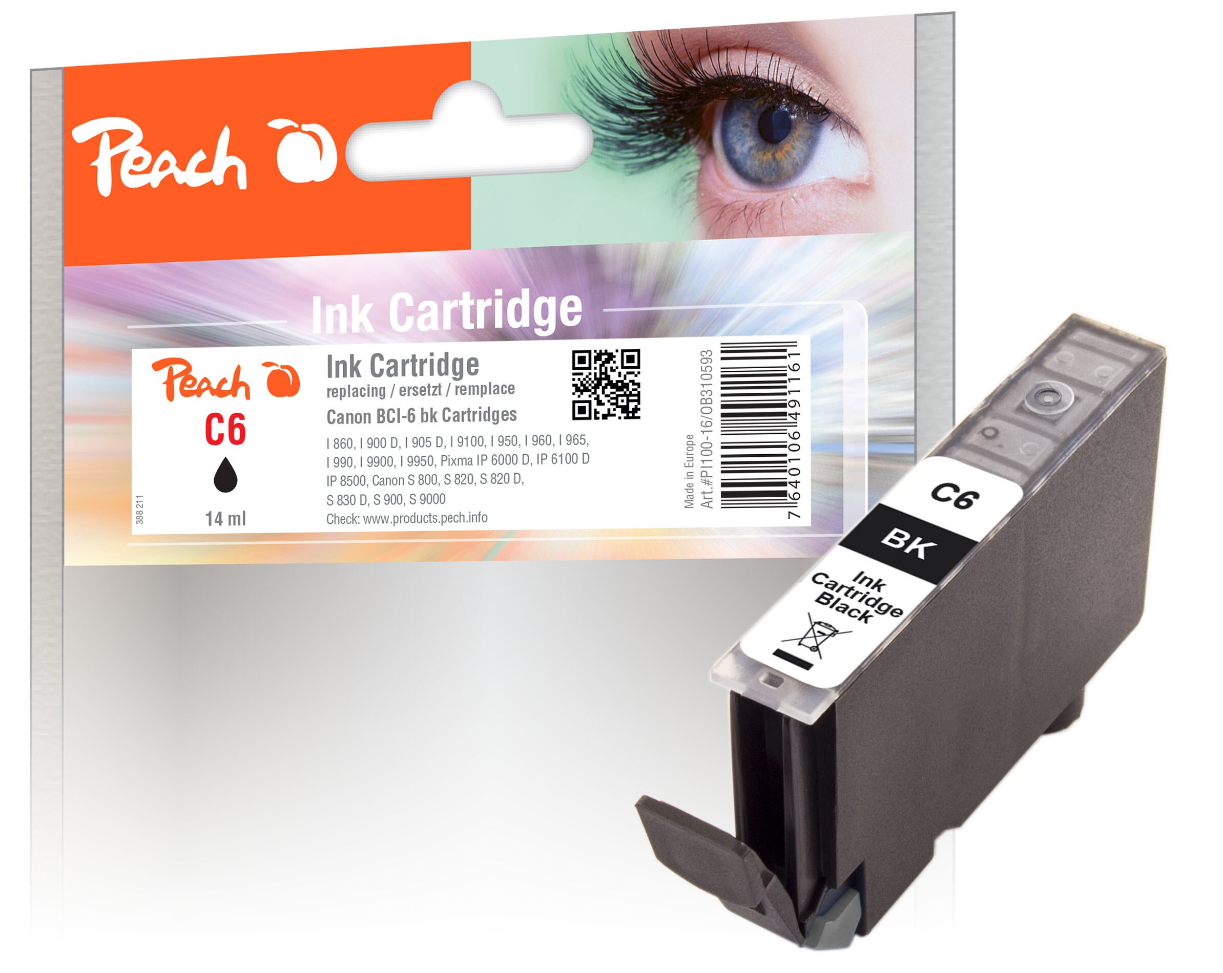 Peach C6 BK Druckerpatrone bk ersetzt Canon BCI-6BK, 4705A002 für z.B. Canon BJ 535 PD, Canon BJ 895 PD, Canon BJC 8200, Canon BJF 9000, Canon I 860 (wiederaufbereitet)