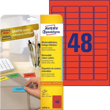 Avery Zweckform L6038-20 Farbige Etiketten,A4 45,7 x 21,2 mm, 20 Bogen/960 Etiketten, rot