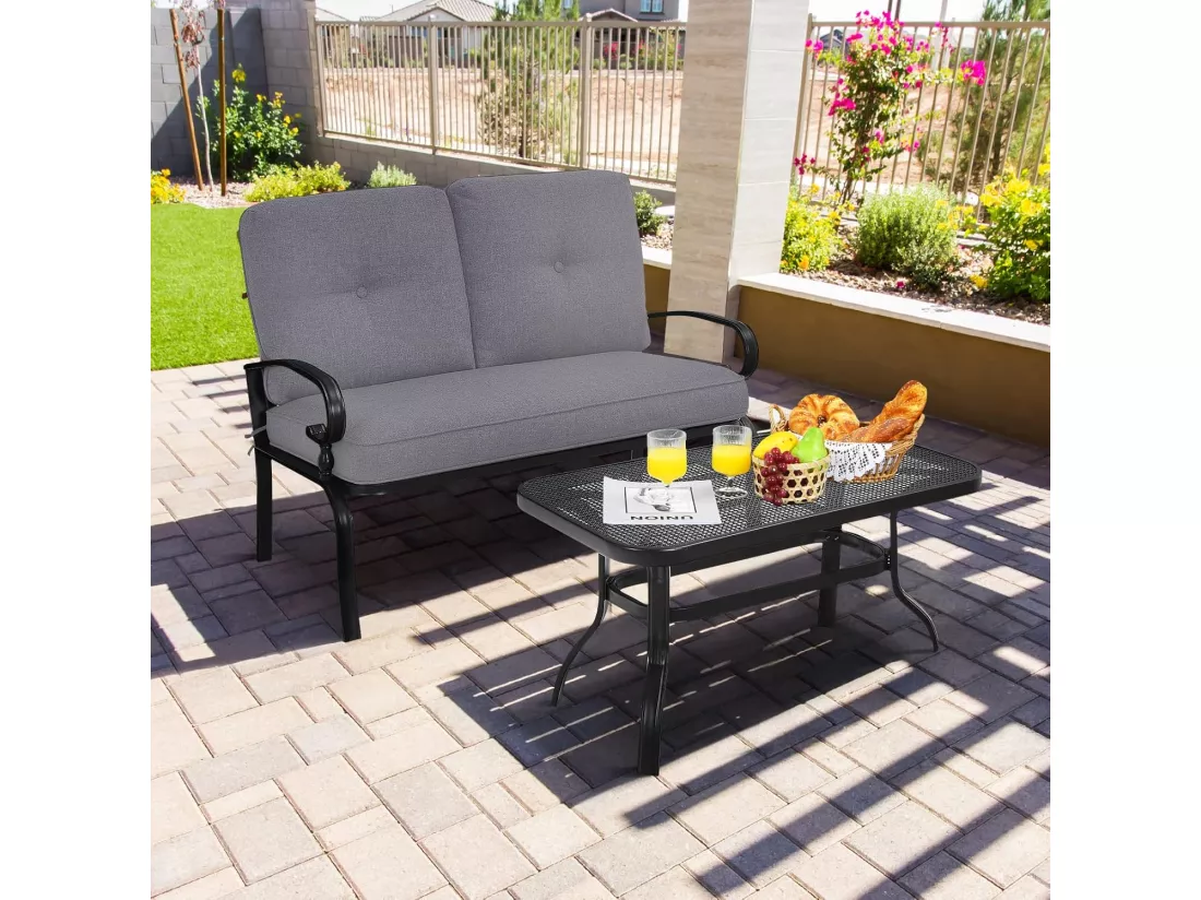 Salon de Jardin 2 Pièces avec Table Basse et Coussins Charge 250KG, Ensemble de Canapés de Terrasse 2 Places avec Cadre Métallique, pour Patio Balcon Terrasse (Gris)