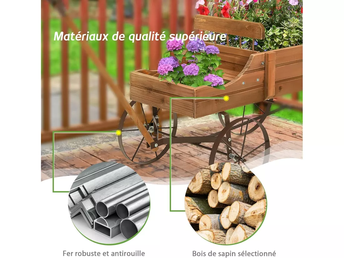 Brouette Décorative en Bois avec 2 Compartiments à Planter Roues Métalliques Poignée Charge 15kg pour Cour Marron