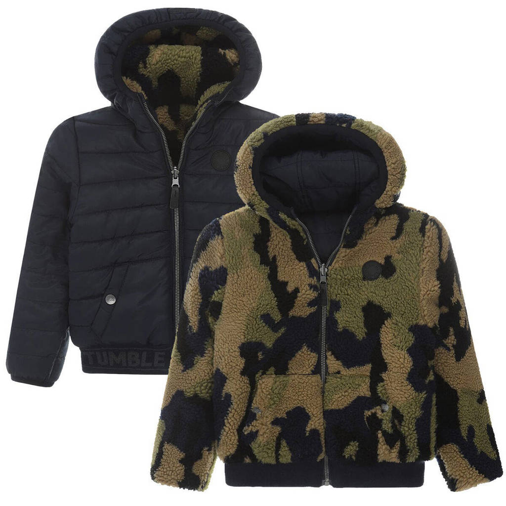 Perfectreversible gewatteerde winterjas Irvin met camouflageprint donkerblauw/groen
