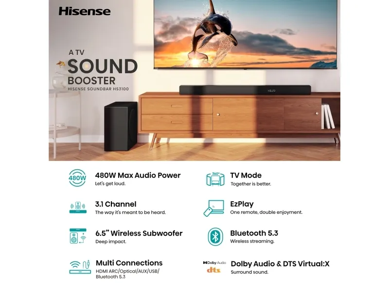 Hisense HS3100 - Lydbarsystem - til TV - 3.1.kanal - trådløs - Bluetooth