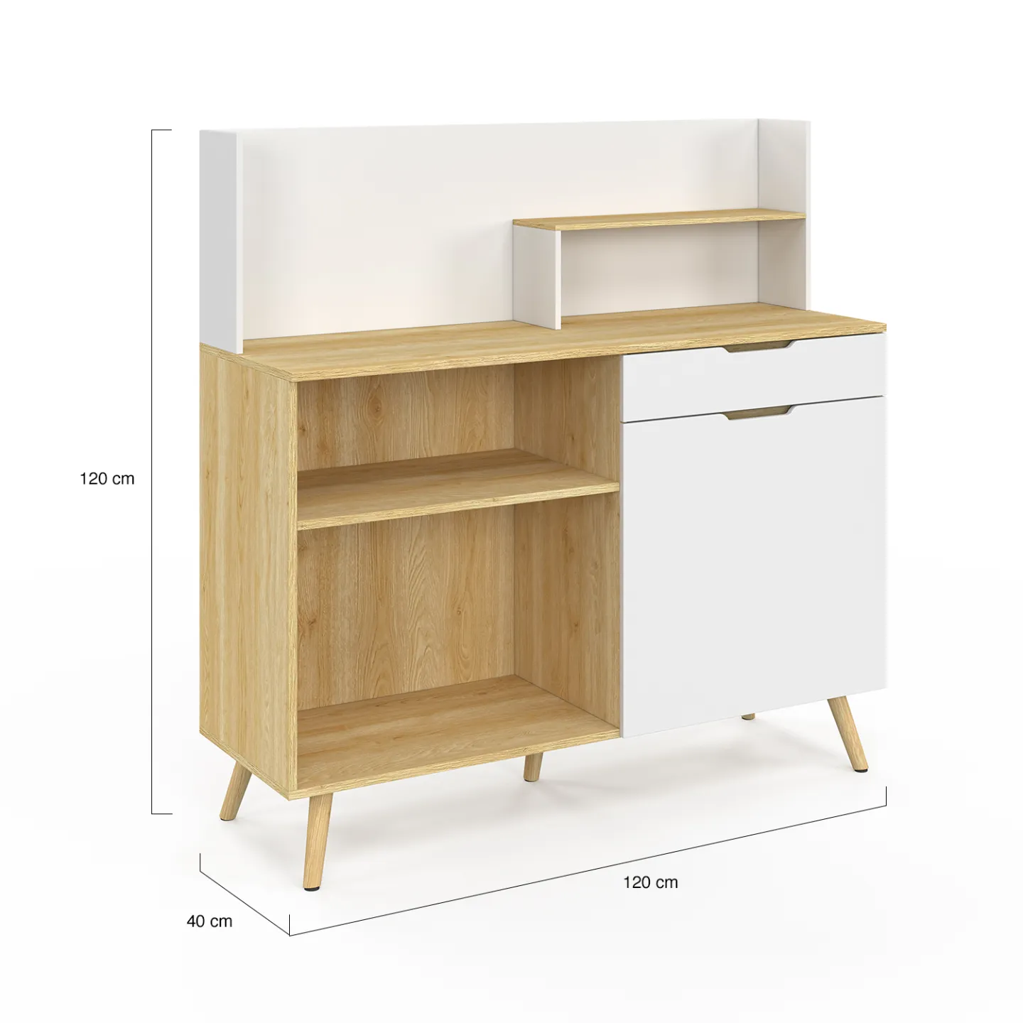 Buffet bas de cuisine 120 CM OLAF plan de travail H.83 cm 1 porte + 1 tiroir façon hêtre et blanc