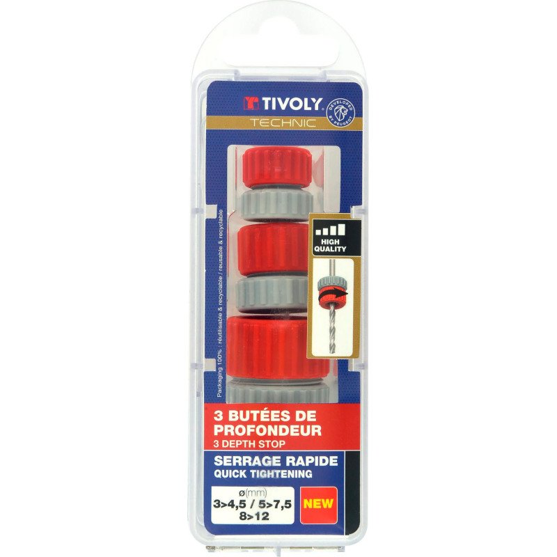 Lot de 3 butées de perçage réglables sans outils pour forets de Ø 3 à 12mm Tivoly
