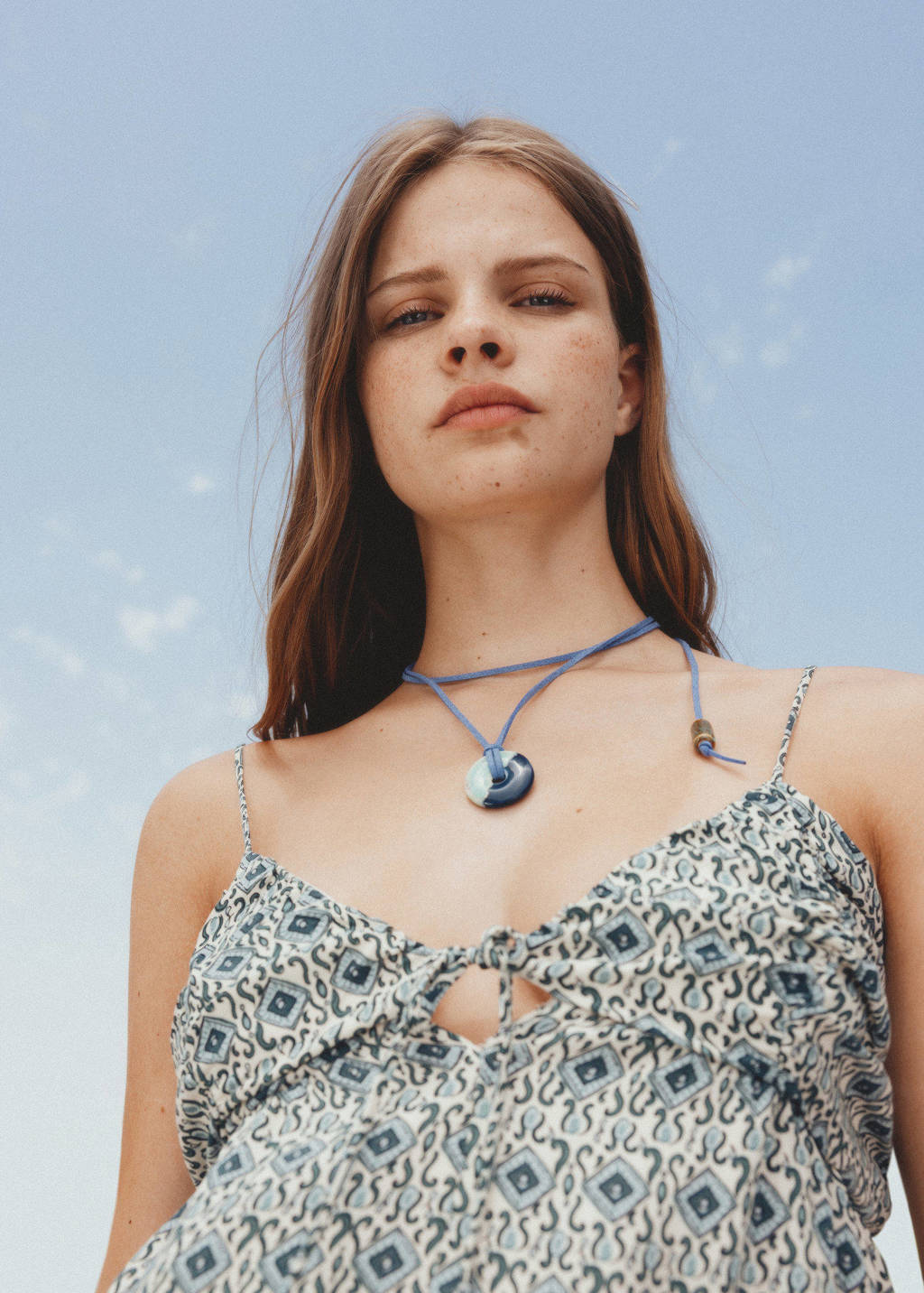 MANGO TEEN spaghettitop met all over print blauw/lichtbeige