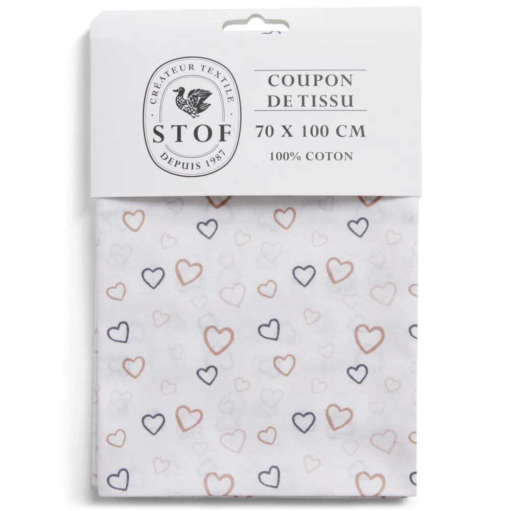 Coupon tissu imprimé coeurs 70x100cm coton blanc