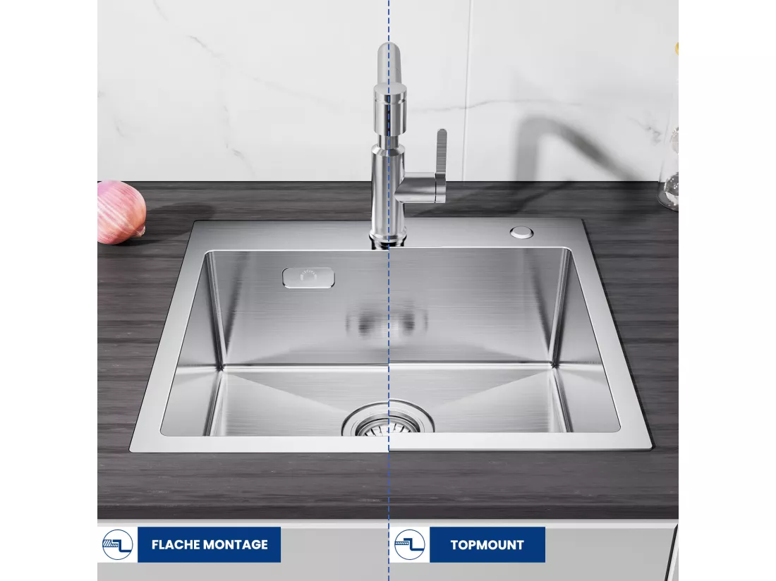 CECIPA MAX Évier Cuisine 1 Bac 50×45×18.5CM Évier Inox Brossé + Mitigeur de Cuisine Mural avec 2 Jets Noir