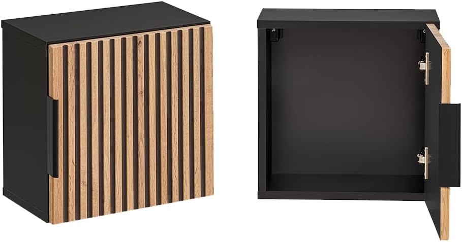 Lomadox Badezimmer Hängeschrank 35x35 cm Wandschrank Badschrank 1 Tür quadratisch Würfel anthrazit mit Eiche Nb. Schwarze Rillen, 35x35x22 cm
