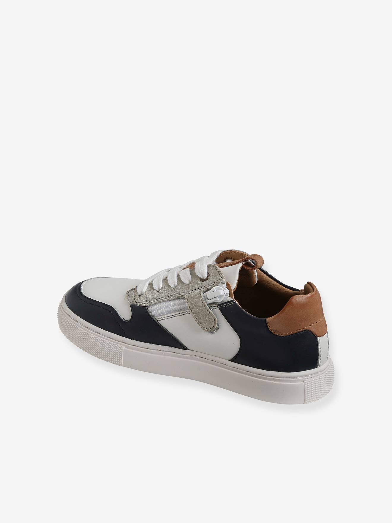 Tênis de couro com cadarço e zíper, para meninos, azul escuro, bicolor/multicolorido